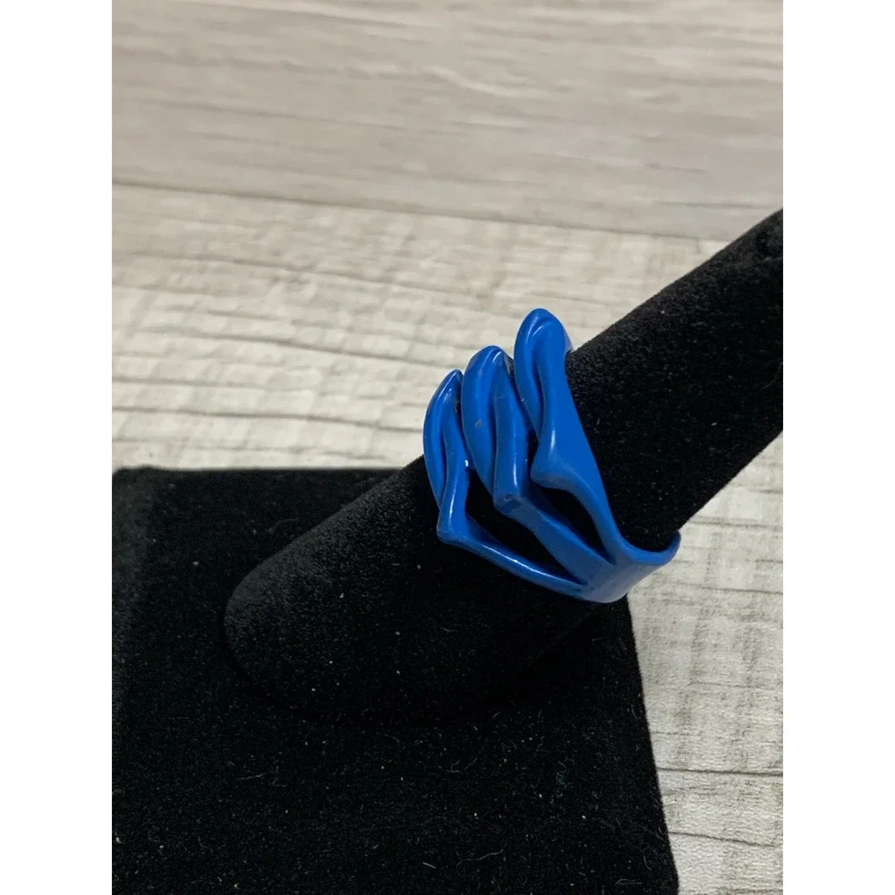Cobalt Blue Enamel Wavy Multi Strand Cage Statement Ring Adjustable Size 8